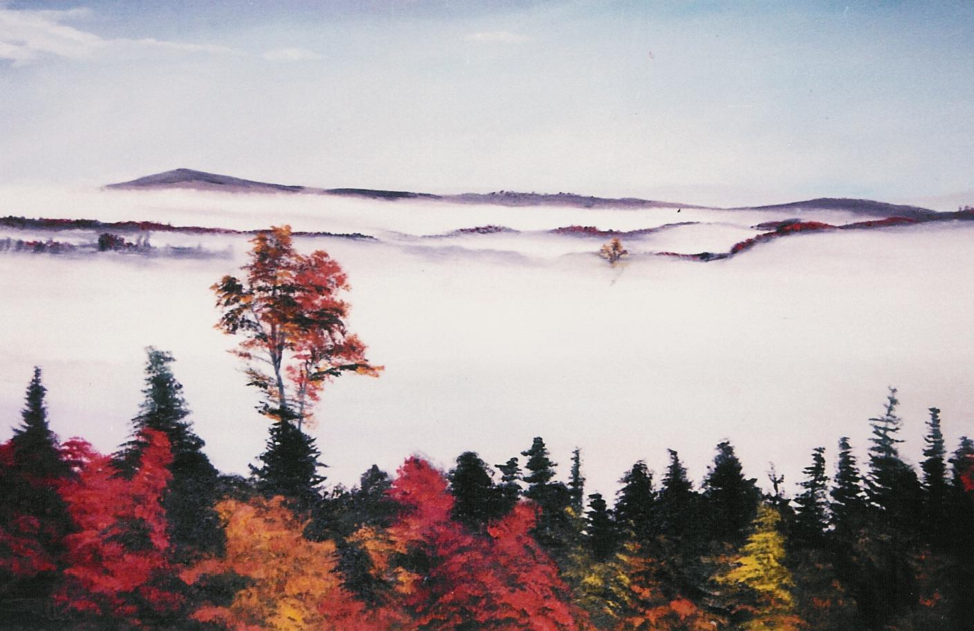 Autumn scene, trees and fog over Union River