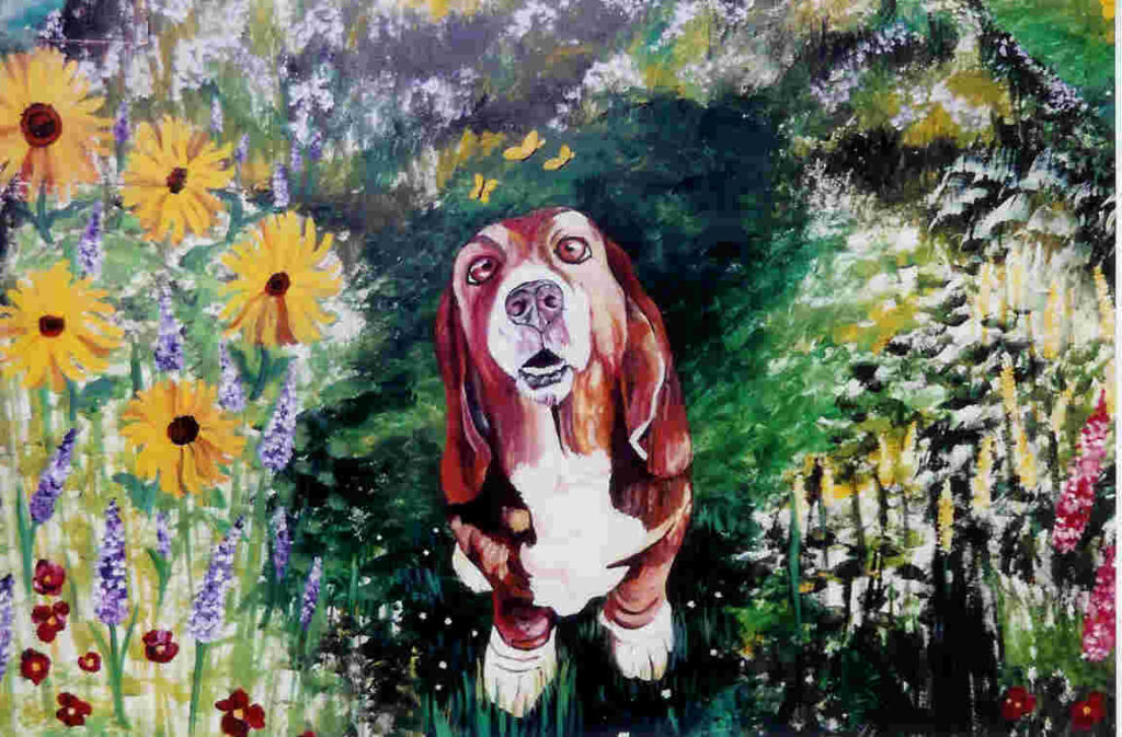 Painting of a Bassatt Hound sitting amongst a variety of flowers